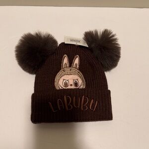 Labubu Inspired Brown Knit Hat with Pom Poms